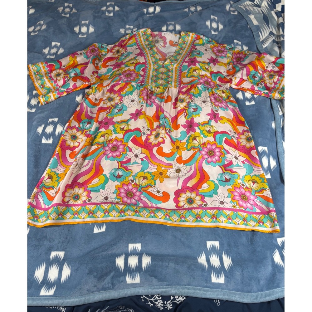 Jade Johnny Was Pink Orange Floral Psychedelic Babydoll Tunic Top XL